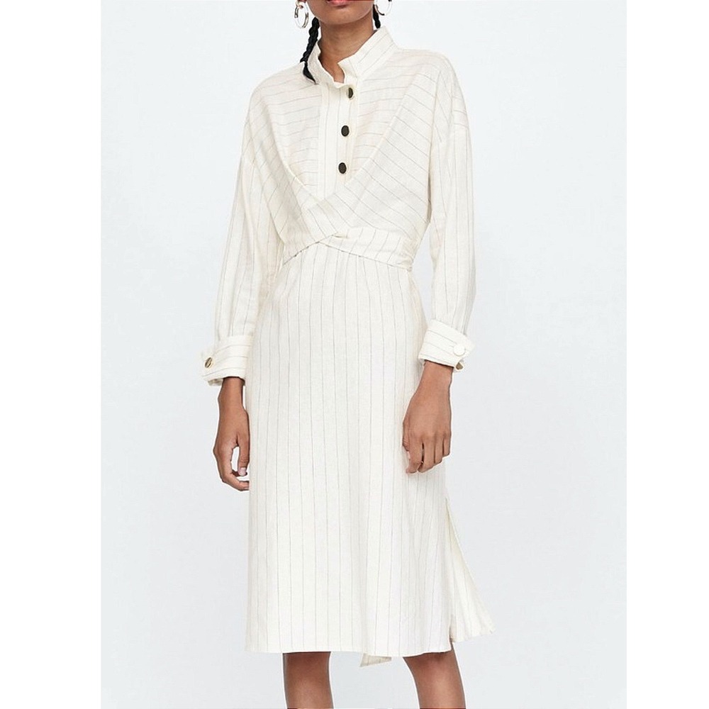 Zara Linen‎ Striped Wrap Around Waist Cream Shirt Dress Womens Size XS Minimal